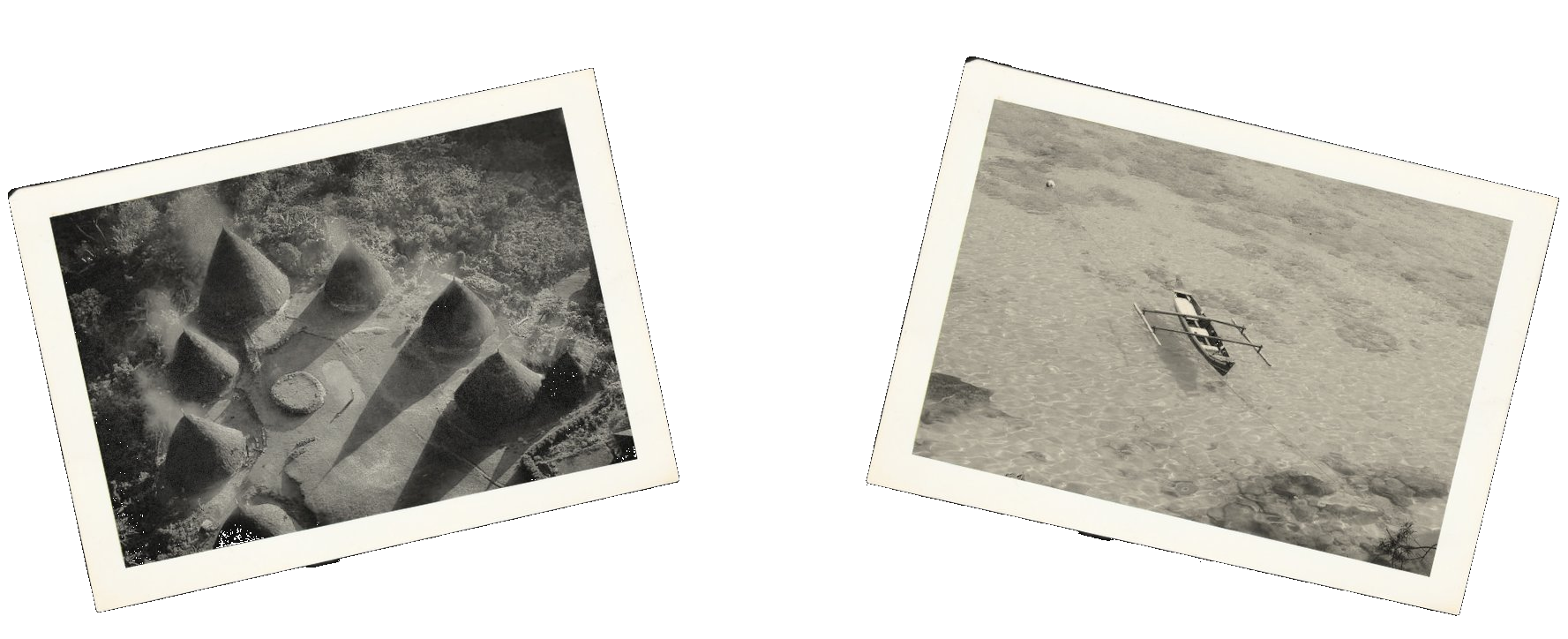 Polaroid photos of traditional village and outrigger boat