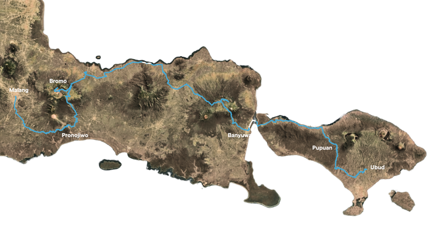 Map of the Java to Bali route — Malang, Pronojiwo, Bromo, Banyuwangi, Pupuan, Ubud